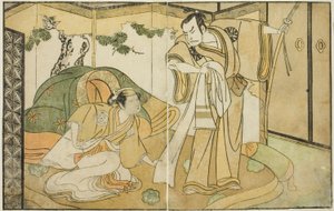Die Schauspieler Nakamura Nakazo I als Taira no Kiyomori (rechts) und Yamashita Kinsaku II als Tokiwa Gozen (links) im Stück Nue no Mori Ichiyo no Mato, aufgeführt im Nakamura Theater im elften Monat, 1770 von Katsukawa Shunsho