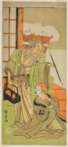 Die Schauspieler Nakamura Utaemon I als Karashi Baba und Ichikawa Danjuro IV als Sanshodayu im Stück Kawaranu Hanasakae Hachi no Ki, aufgeführt im Nakamura-Theater im elften Monat, 1769