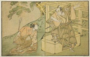Die Schauspieler Onoe Matsusuke I als Akaboshi Taro (rechts) und Azuma Tozo II als Shirotae (links) im Stück Kono Hana Yotsugi no Hachi no Ki, aufgeführt im Ichimura Theater im elften Monat, 1771 von Katsukawa Shunsho