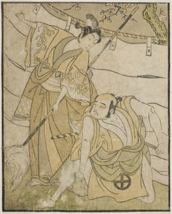 Die Schauspieler Otani Tomoemon I als Emohei (rechts) und Sanogawa Ichimatsu II als Sanada Yoichi (links) im Stück Myoto-giku Izu no Kisewata, aufgeführt im Ichimura-Theater im elften Monat, 1770