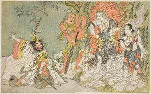 Die Schauspieler Sawamura Kijuro I als Ikazuchi Shinno, Prinz des Donners (ganz links), Ichikawa Danjuro V als buddhistische Gottheit Fudo (zweiter von links), Nakamura Sukegoro II als Seitaka Doji (zweiter von rechts) und Bando Mitsugoro I als Kongara Doj
