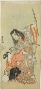 Die Schauspieler Sawamura Sojuro II als Priester Shunkan und Azuma Tozo II als Oyasu im Stück "Hime Komatsu Ne no Hi Asobi (Ausflug zum Sammeln von Kiefernsämlingen am Rattentag des Neujahrs)"
