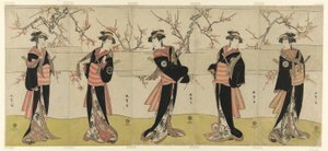 Die Schauspieler Segawa Kikunojo III als Karigane Obun, Nakayama Tomisaburo I als An no Oyasu, Iwai Kiyotaro II als Kaminari no Osha, Nakayama Tatezo I als Gokuin no Osen und Ichikawa Monnosuke II als Hotei no Oichi (von rechts nach links), in "Gonin Onna, von Katsukawa Shunsho