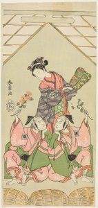Die Schauspieler Segawa Kikunojo II als Amme Reizei, Ichikawa Komazo I als Suruga no Hachiro in der Gestalt des Shamisen-Spielers Kichiroku (rechts) und Ichikawa Yaozo II als Tada no Kurando in der Gestalt des Sänftenträgers Kichinai (links), in der Szene von Katsukawa Shunsho
