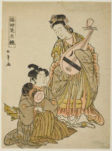 Die Göttin Benten mit einer Biwa und ein junger Mann mit einer Schultertrommel, aus der Serie "Vergleich der Lächeln der Glücksgötter (Fukujin egao kurabe)" von Katsukawa Shunsho