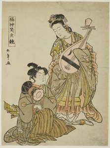 Die Göttin Benten mit einer Biwa und ein junger Mann mit einer Schultertrommel, aus der Serie "Vergleich der Lächeln der Glücksgötter", späte 1780er Jahre