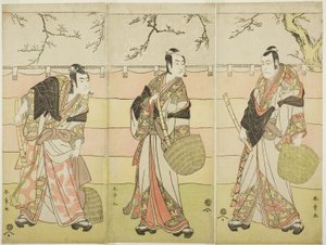 Drei Komuso-Mönche: Die Schauspieler Ichikawa Ebizo (Danjuro V) als Kudo Suketsune (rechts), Ichikawa Monnosuke II als Soga no Juro Sukenari (Mitte) und Ichikawa Omezo I als Soga no Goro Tokimune (links), in Akt Sechs des Stücks Waka Murasaki Edokko Soga (