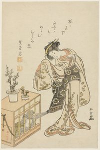 Junge Frau mit einem eingesperrten Affen (Kalenderdruck für Neujahr 1776) von Katsukawa Shunsho