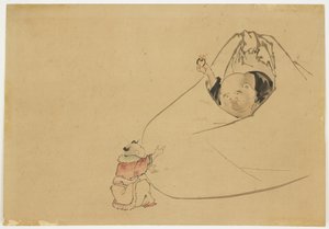 Hotei bietet einem kleinen Jungen ein flammendes Juwel an, ca. 1850 von Katsushika (school of) Hokusai