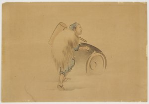 Mann mit Hammer rollt Fass, um 1850