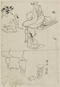 Verschiedene Darstellungen, unter anderem von einer Dame mit einem Koto, einer sitzenden Dame und zwei Männern