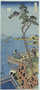 Ein Höfling auf dem Balkon eines chinesischen Pavillons, der in der Ferne bei Mondlicht schaut, aus der Serie "Ein Spiegel chinesischer und japanischer Verse"