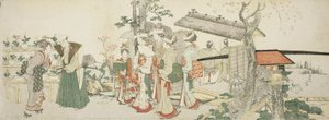 Eine Gruppe junger Frauen betritt den Garten eines Gärtners von Katsushika Hokusai