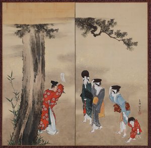 Ein Shinto-Priester, drei Frauen und ein Kind, Edo-Periode, ca. 1799-1801 von Katsushika Hokusai