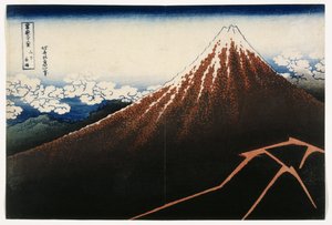 Ein Schauer unterhalb des Gipfels, aus der Serie Sechsunddreißig Ansichten des Berges Fuji von Katsushika Hokusai