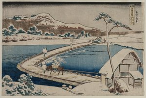 Ein altes Bild der Bootsbrücke bei Sano in der Provinz Kozuke..., frühe 1830er Jahre