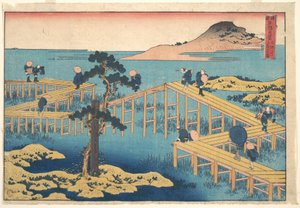Alte Ansicht von Yatsuhashi in der Provinz Mikawa, aus der Serie Bemerkenswerte Ansichten von Brücken in verschiedenen Provinzen von Katsushika Hokusai