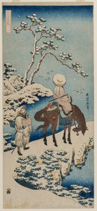 Chinesischer Beamter hält auf einer Brücke an, um den Schnee zu betrachten (aus der Serie Ein wahrer Spiegel chinesischer und japanischer Verse) von Katsushika Hokusai
