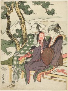 Abendglühen für Date no Yosaku und Seki no Koman, aus der unbetitelten Serie bekannt als "Acht Ansichten tragischer Liebender (Michiyuki hakkei)" von Katsushika Hokusai