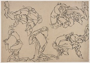 Fünf Musiker spielen Trommeln, spätes 18. - frühes 19. Jahrhundert von Katsushika Hokusai