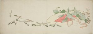 Blumen und Frühlingsgemüse in einem Hut von Katsushika Hokusai