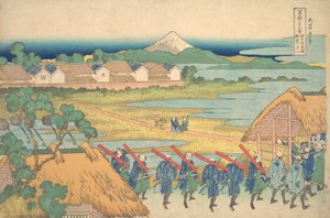 Fuji in der Ferne vom Vergnügungsviertel Senju aus gesehen, ca. 1830-32