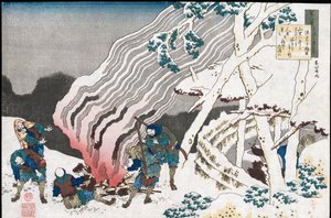 Jäger am Feuer im Schnee, aus der Serie "Hundert Gedichte, erzählt von der Amme", veröffentlicht ca. 1835 von Katsushika Hokusai