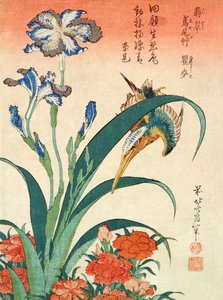 Eisvogel, Iris und Nelken, veröffentlicht von Nishimura Eijudo, ca. 1832, eines von zehn Drucken von Katsushika Hokusai