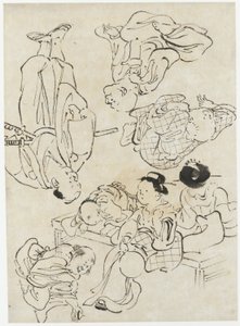 Verschiedene Figuren: Sommervergnügen, Figuren auf der Veranda sitzend und (unten) Samurai, Edo-Periode