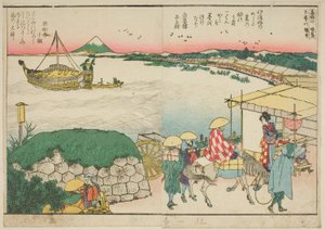 Seiten aus dem illustrierten Buch "Panoramablicke entlang der Ufer des Sumida-Flusses (Ehon Sumidagawa ryogan ichiran)"