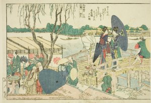 Seiten aus dem illustrierten Buch "Panoramablicke entlang der Ufer des Sumida-Flusses (Ehon Sumidagawa ryogan ichiran)"