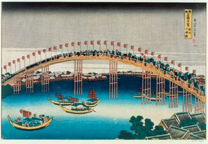 Prozession über eine Brücke von Katsushika Hokusai