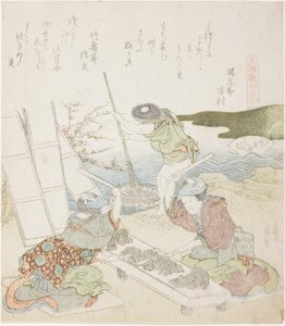 Papierrecycling, Illustration für Die Fulling-block Shell (Kinuta gai), aus der Serie "Ein Matching-Spiel mit Genroku-Periode Gedichtmuscheln (Genroku kasen kai awase)" von Katsushika Hokusai