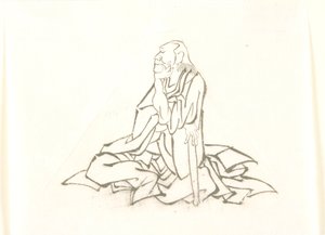 Sitzender alter Mann, der sich auf einen Stock stützt von Katsushika Hokusai