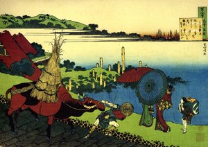 Serie von hundert Gedichten von hundert Dichtern: Motoyoshi Shinno (Landschaft mit Bauer und Ochse, Spaziergängerinnen, Japan) von Katsushika Hokusai