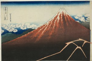 Regen unter dem Gipfel (Sanka hakuu), aus der Serie "Sechsunddreißig Ansichten des Berges Fuji (Fugaku sanjurokkei)" von Katsushika Hokusai