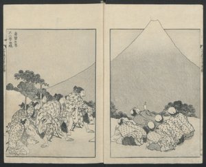 Links rutschen, rechts die Öffnung des Fuji aus Einhundert Ansichten des Berges Fuji, 1834 von Katsushika Hokusai