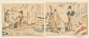 Schneemorgen: Zwei Frauen gehen in einem schneebedeckten Garten in Schneeschuhen mit einem Regenschirm; L: Junge Frau spielt die Koto und schaut ihre Mutter an von Katsushika Hokusai