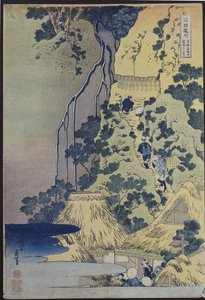 Reisende klettern einen steilen Hügel hinauf, um einem Kannon-Schrein in einer Höhle am Wasserfall zu huldigen von Katsushika Hokusai