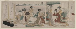 Tsukasa und andere Kurtisanen des Ogiya beobachten den Aufgang des Herbstmondes über Reisfeldern von einem Balkon in Yoshiwara von Katsushika Hokusai