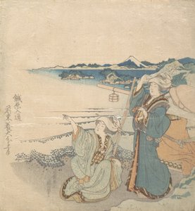 Zwei junge Damen am Ufer, eine zeigt von Katsushika Hokusai