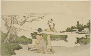 Zwei Frauen spannen Stoff von Katsushika Hokusai