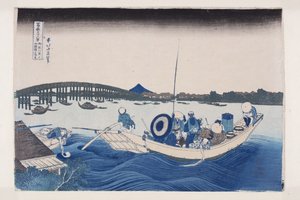 Sonnenuntergang über der Ry?goku-Brücke vom Onmaya-Damm aus betrachtet von Katsushika Hokusai