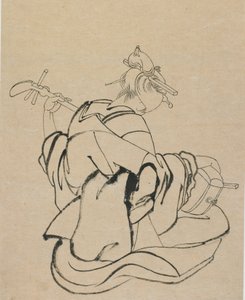 Frau mit dem Rücken zum Betrachter, die Samisen spielt, spätes 18. - frühes 19. Jahrhundert von Katsushika Hokusai