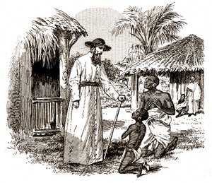 Ein katholischer Missionar in Afrika praktiziert eine Bekehrung an einem Kind und seinem Vater