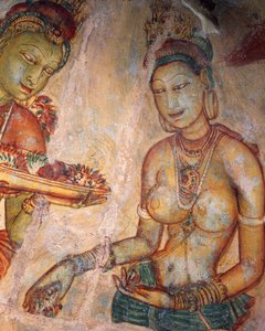 Apsaras, himmlische Nymphe, die Blumen anbietet, Fresko, befestigte Zitadelle von Sigiriya (UNESCO-Welterbeliste) von Alec Hunter