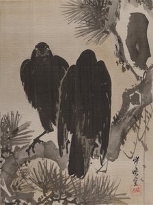 Zwei Krähen auf einem Kiefernzweig, ca. 1887