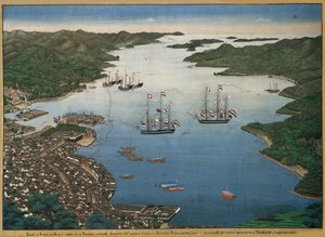 Die Insel Deshima in der Bucht von Nagasaki mit den Schiffen Vasco da Gama und Johanna