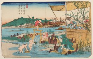 Kuragano, im Wasser spielende Kinder, Tafel 13 aus der Serie: Neunundsechzig Stationen der Kisokaido-Straße / Kisokaido rokujukyu tsugi-no uchi von Keisai Eisen