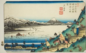 Nr. 31: Blick auf den Suwa-See vom Shiojiri-Pass (Sanjuichi: Shiojiri toge Suwa no kosui chobo), aus der Serie "[Neunundsechzig Stationen der] Kisokaido" von Keisai Eisen